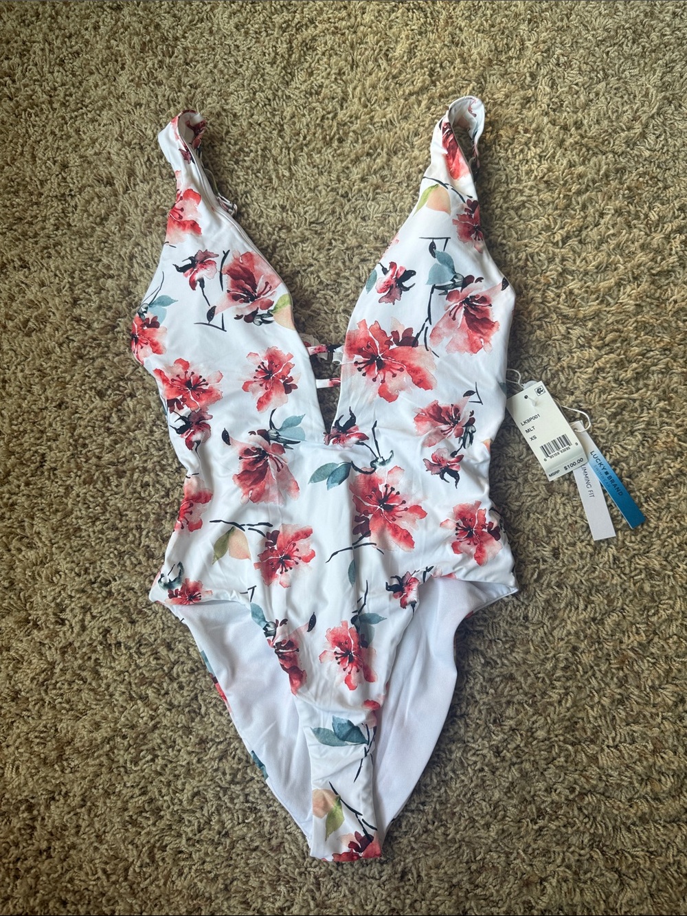 White Floral One-Piece Swimsuit with Pink Red Blooms